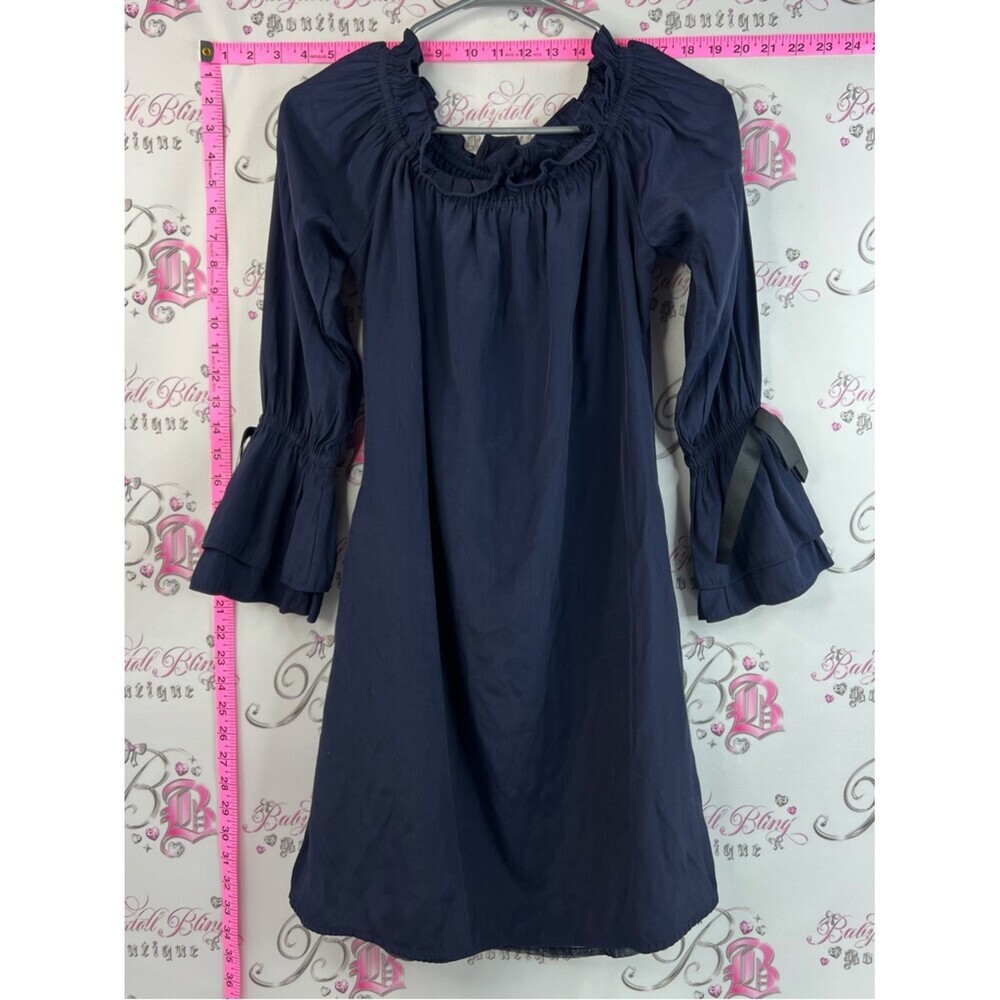 Union of angels dress bow ribbon sleeves Navy Peasant-Style Off-Shoulder Dress